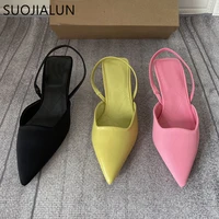 suojialun new brand women sandal shoes thin low heel 4cm pumps dress shoes ladies fashion pointed toe shallow slingback mules