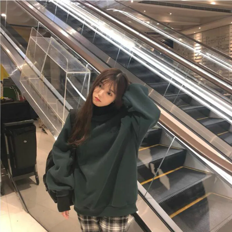 

plus Size Simple Hoodie Women streetwear Turtleneck Letter Printed Thicker oversize Velvet Girls tops Pullover Loose Sweatshirts