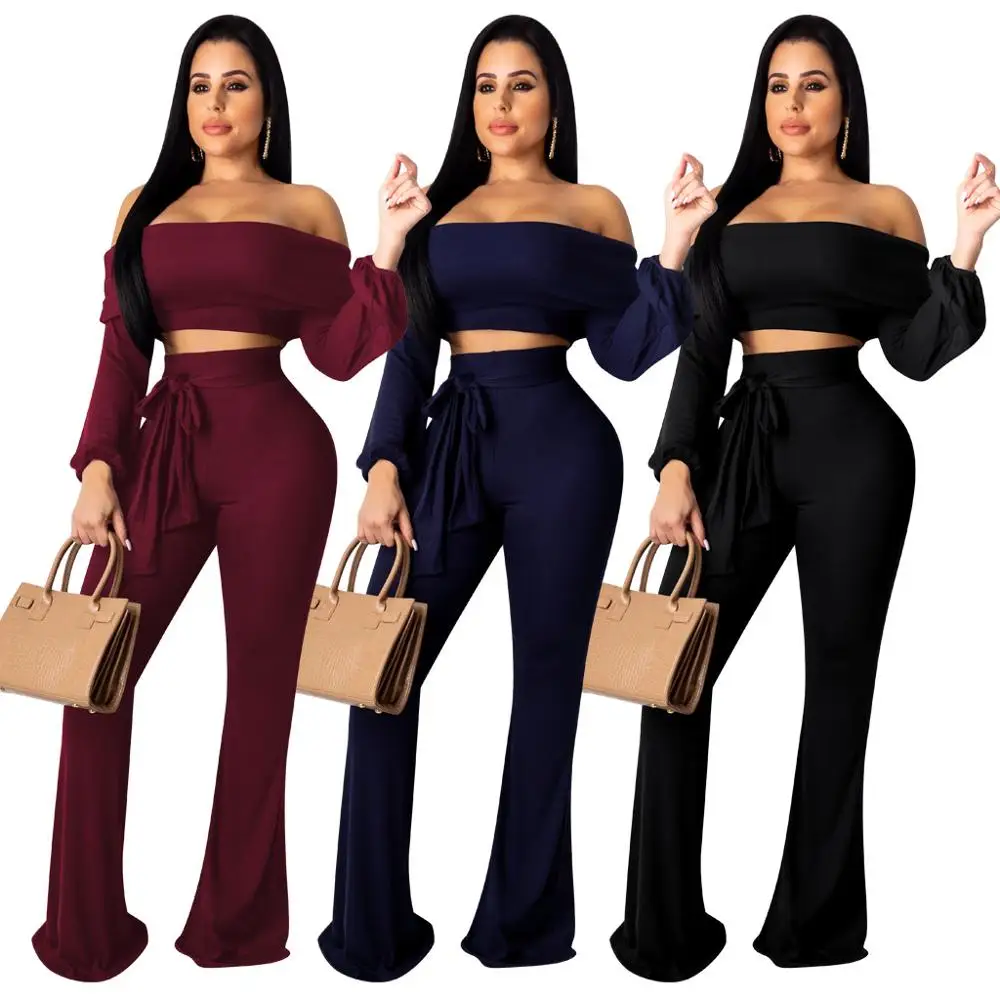 

Adogirl Off The Shoulder Tracksuit Women Pullover Crop Top Lace Up Bandage Wide Leg Pants Two Piece Set Sexy Bodycon Club Set