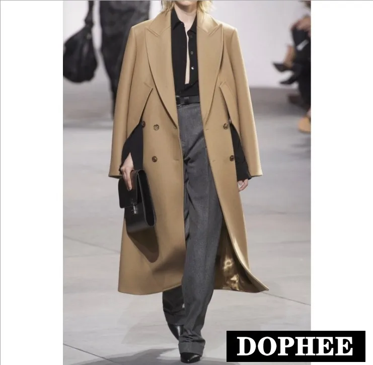 

New Autumn and Winter Women's Notched Collar Two-way Wear Double-breasted Woolen Trench Coat Lady's Long Overcoat Wool Jackets