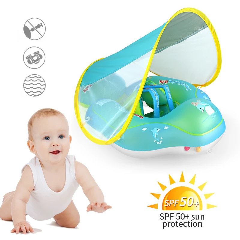 

2021 New Baby Swimming Float Inflatable Infant Floating Kids Swim Pool Accessories Removable UPF 50+ UV Sun Protection Canopy