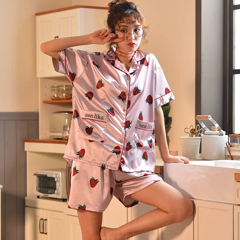 

Summer Female Pajama Imitation Silk Sexy Short-Sleeved Shorts Korean Version of Fashion Plus-Size 2-Piece Set Nightgrown
