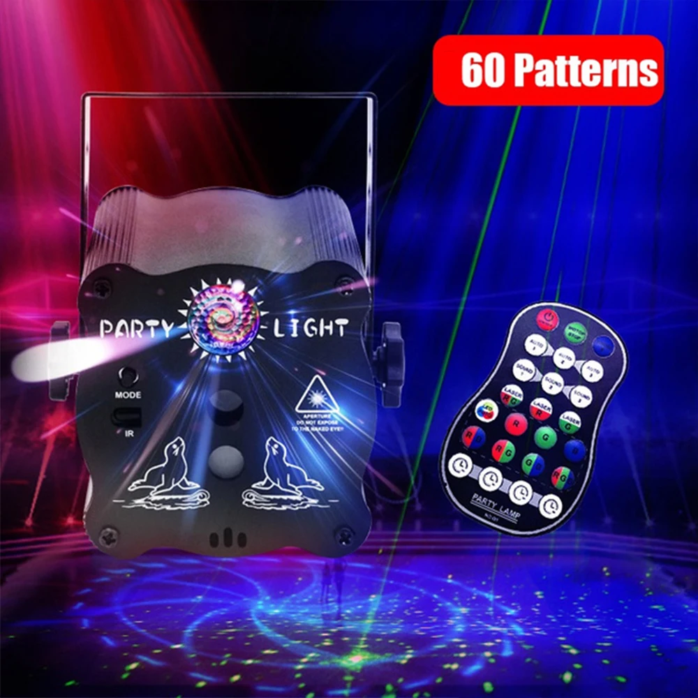 

60 Patterns Mini DJ Disco Light Laser Stage Beam Light Effect Voice Control USB Strobe Lamp With Remote For Party Projector Lamp