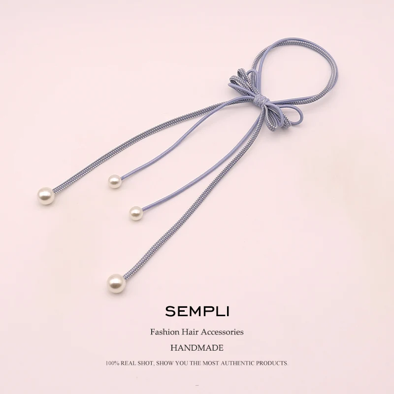 Sempli 6 цветов, нейлоновые Прочные эластичные женские обручи с жемчугом и кисточками, головные уборы для девочек, детские аксессуары для волос, атласные резинки