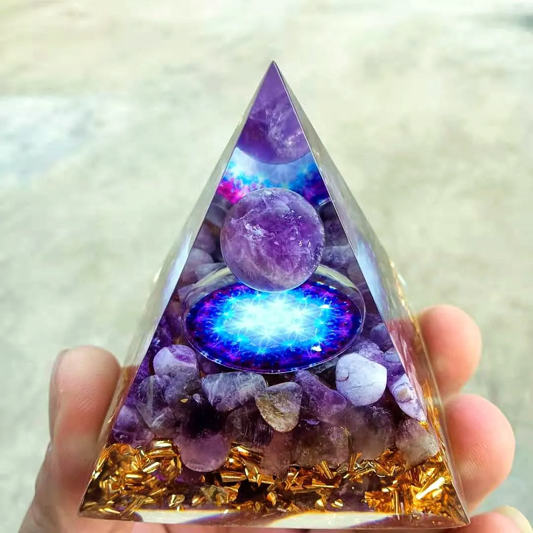 

Handmade Orgonite Pyramid 60mm Amethyst Crystal Sphere With Amethyst Natural Cristal Stone Orgone Energy Healing