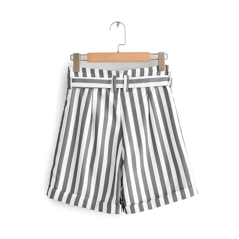 

Women summer shorts black striped belt free drop shipping SML polyester Back invisible zipper