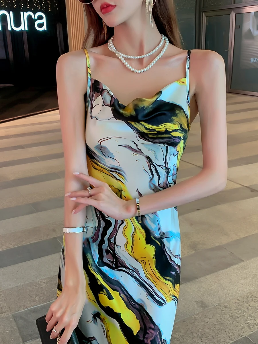 

High end light luxury silk triacetic acid suspender dress women's mid long summer temperament slim fitting Satin suspender skirt