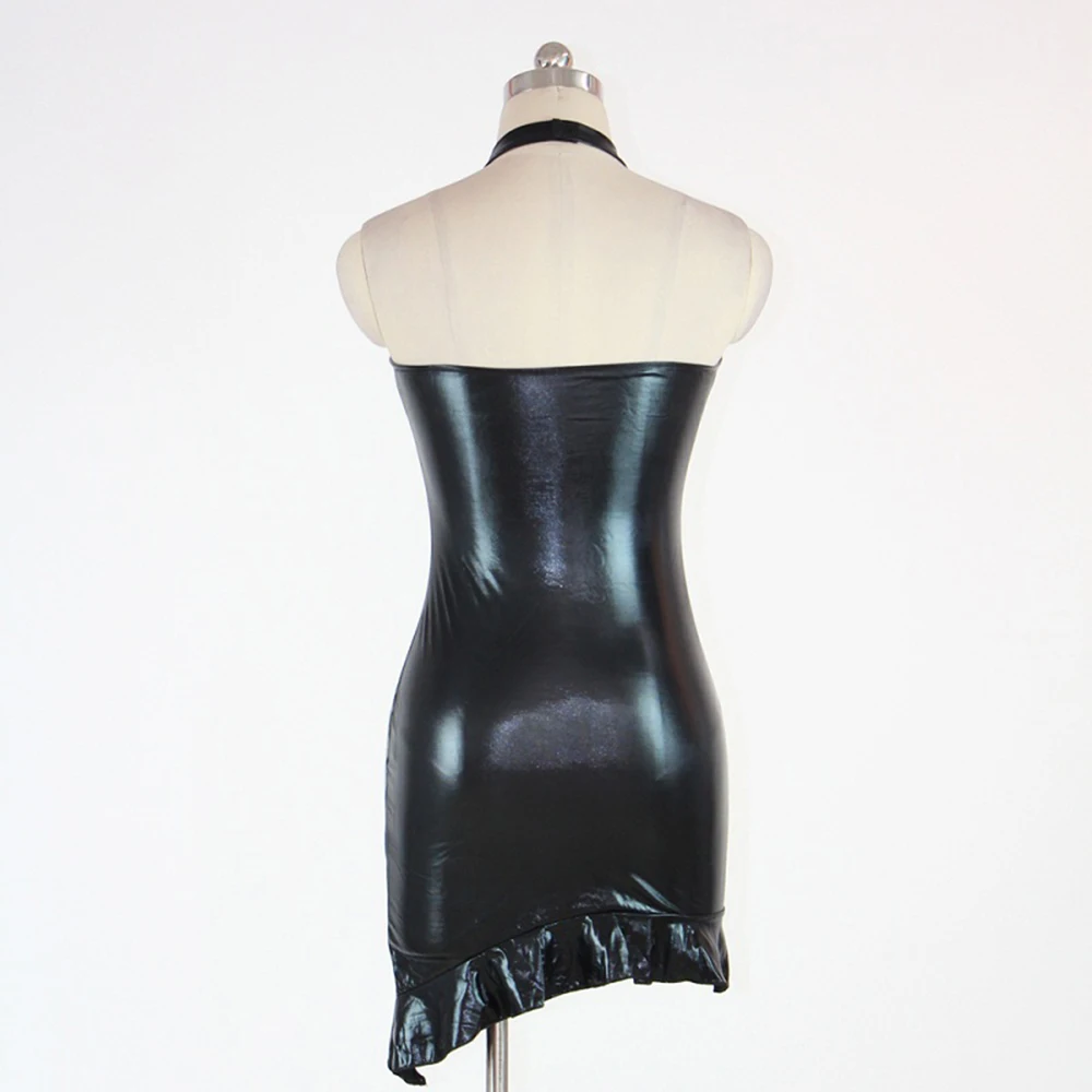 Сексуальное эротическое кожаное платье для женщин черное виниловое без рукавов