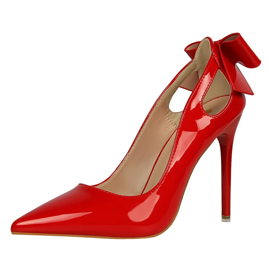 

2019 New Autumn Fashion Solid Patent Leather Shallow Women Pumps Sexy Cut-Outs Bowtie Pointed Toe High Heels 10cm Women Shoes