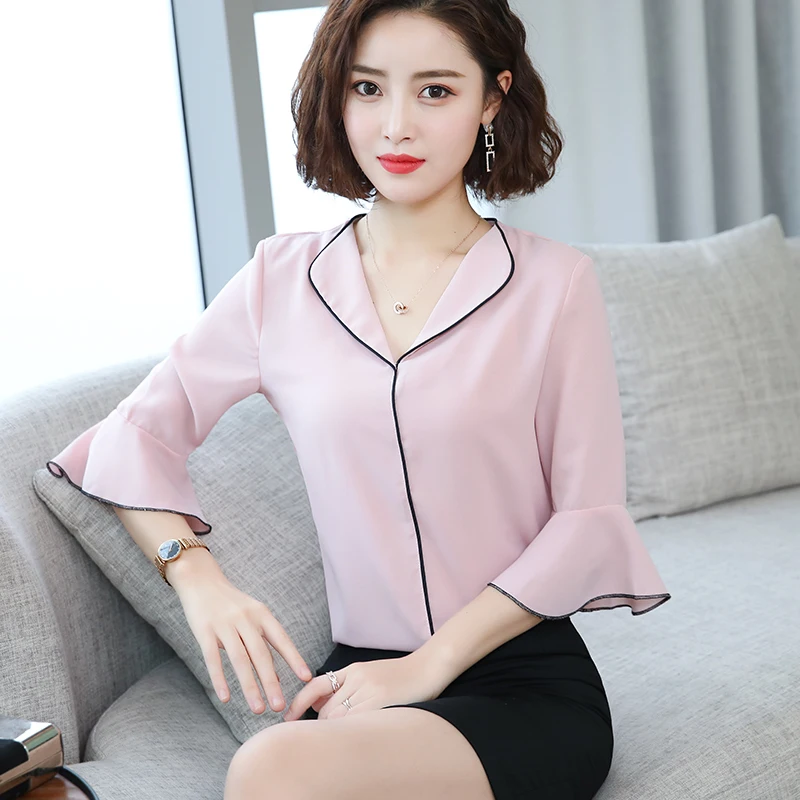 

New Styles Summer V-neck Elegant Pink Blouses Shirts for Women Business Work Wear Blouse Female Tops Clothes