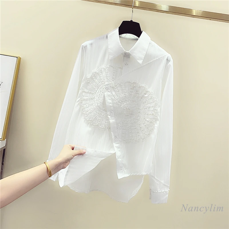 White Shirt Women 2021 Spring and Autumn Long-Sleeved Beaded Lace Stitching Irregular Blouse Female Fashion Top Nancylim