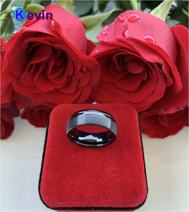 Мужское обручальное кольцо черное из карбида вольфрама с двойным офсетным пазом