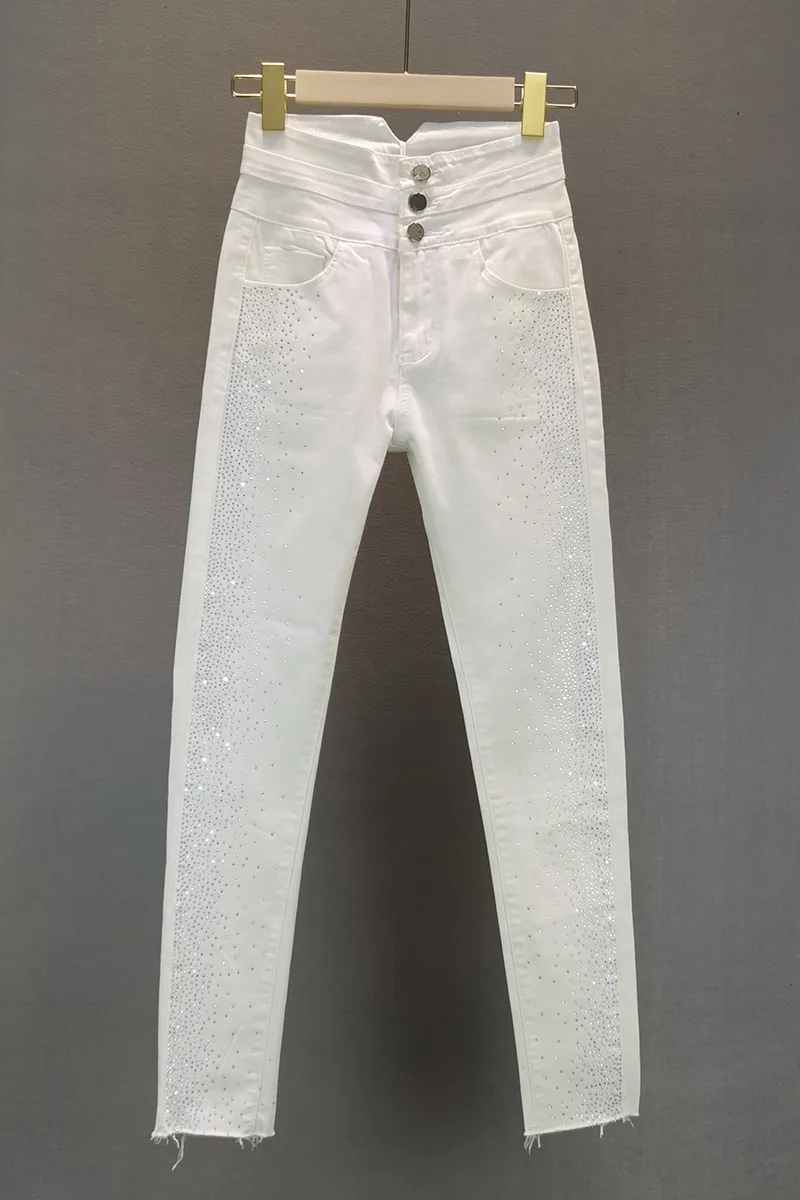 

White Jeans for Women 2020 Summer New Harajuku Rhinestones Pencil Pants Female Tight Denim Pants High Waist Stretch Jeans Femme