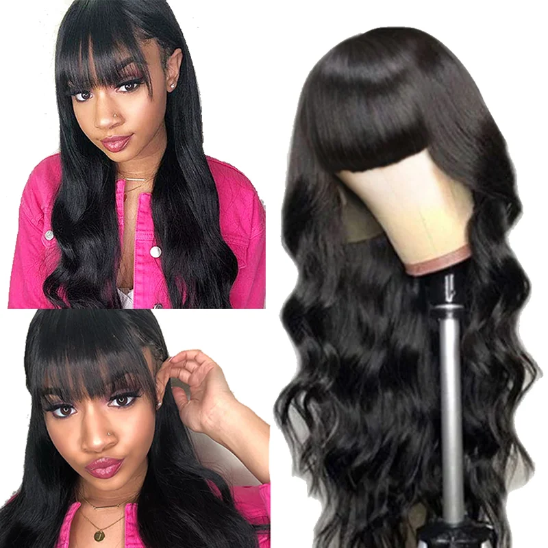 

Body Wave Human Hair With Bangs Malaysian Remy Hair Wig Glueless Natural Color Wigs For Black Women Full Machine Made Wigs