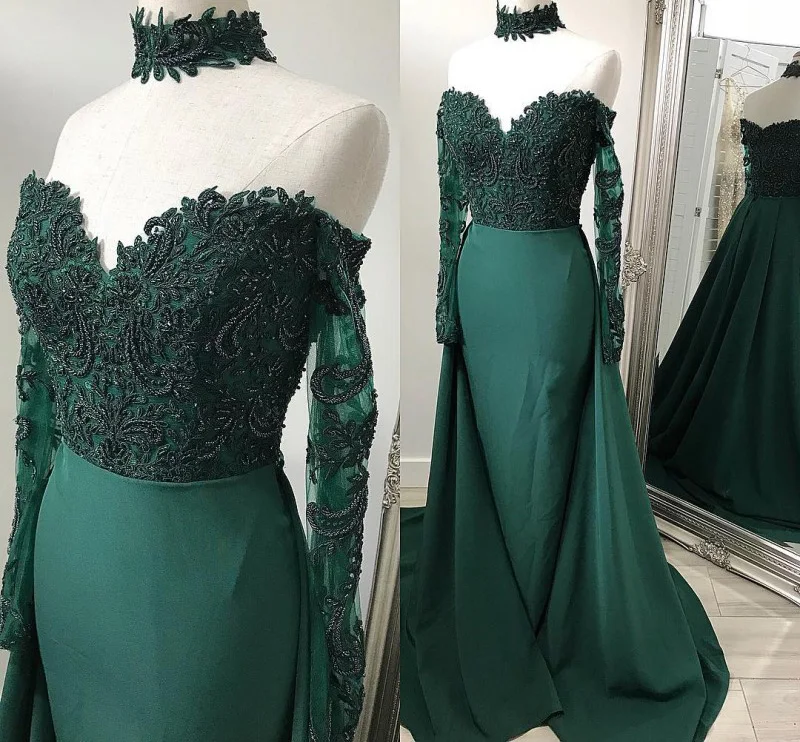 

Зеленые мусульманские Вечерние платья Русалка с открытыми плечами аппликации из бисера Дубай Саудовский арабский длинный официальный веч...