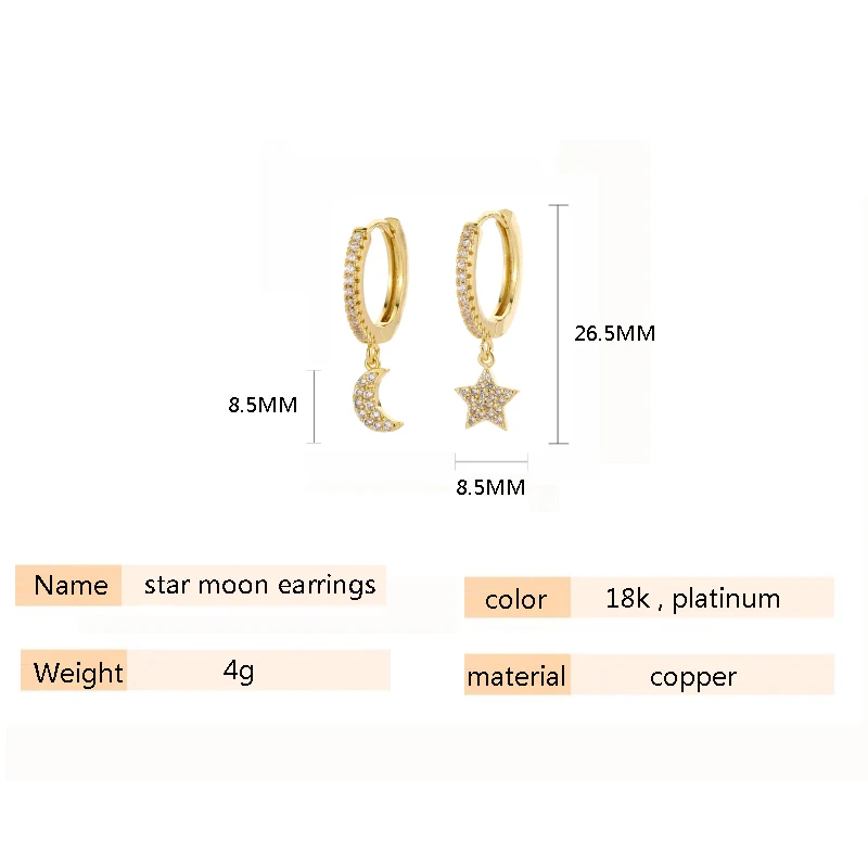 

New Fashion Shiny cubic zircon Star And Moon Earrings Good Quality Hoop Earrings For Women Girls Jewelry ear rings for women