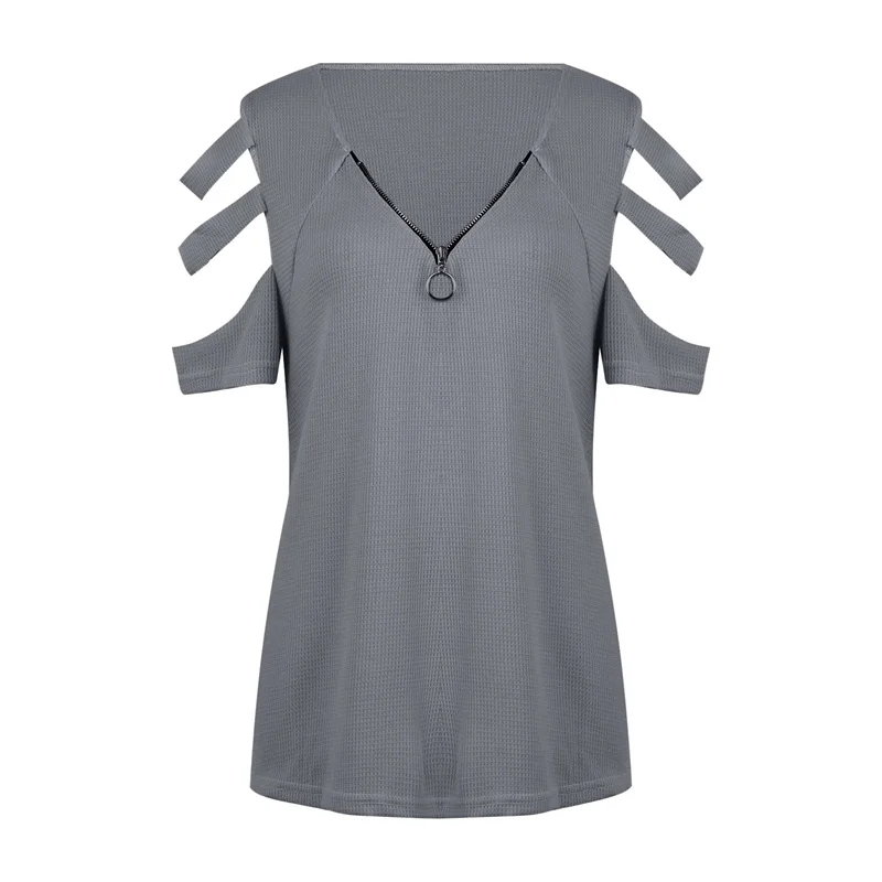 

Adults Off Shoulder Hollow Out Solid Color Crop Top Women Low-cut T-shirt Female V-Neck Short Sleeve Pullover