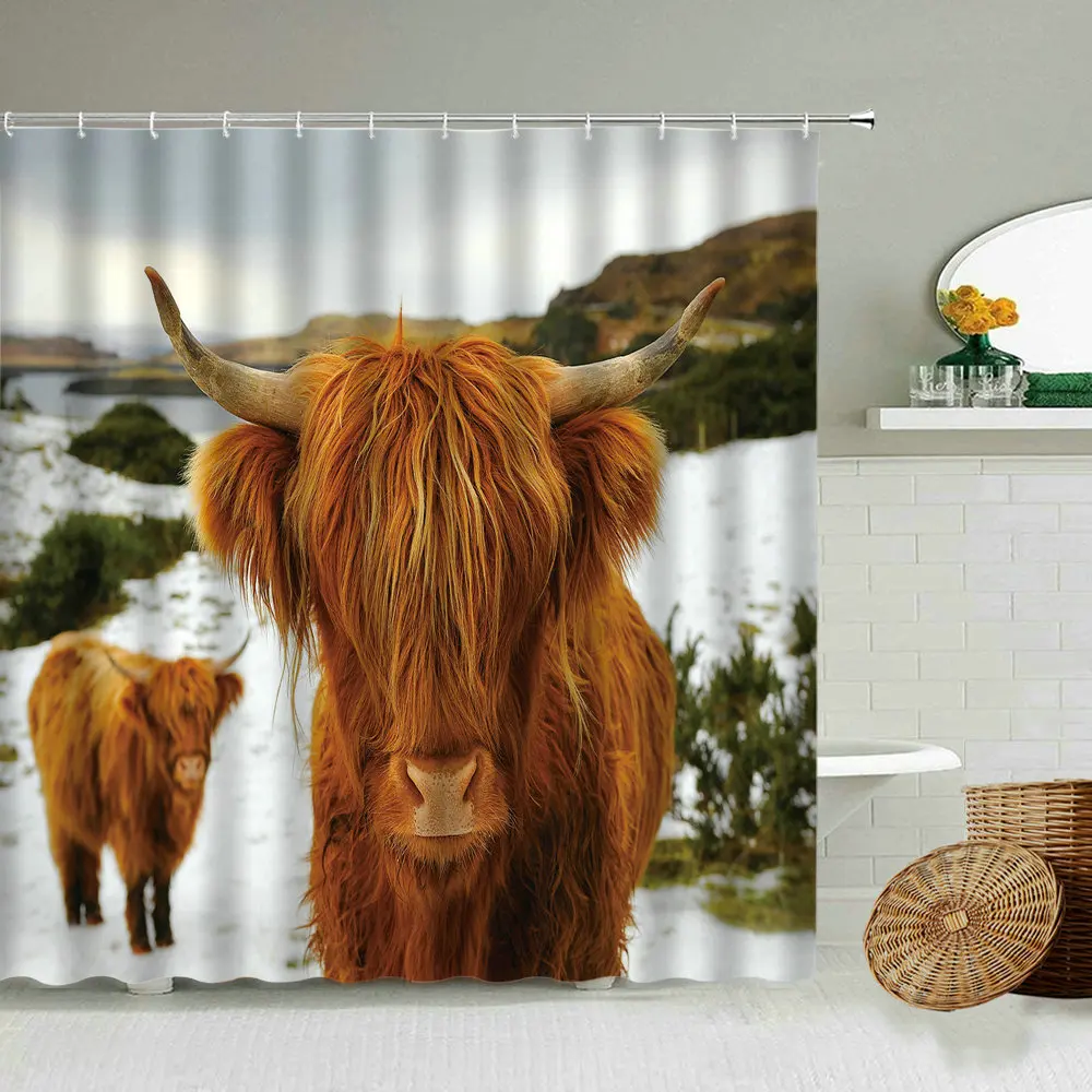 

Занавеска для душа Highland с изображением крупного рогатого скота, дождик с крючком для ванной комнаты, украшение в сельском стиле, Зимний снег...