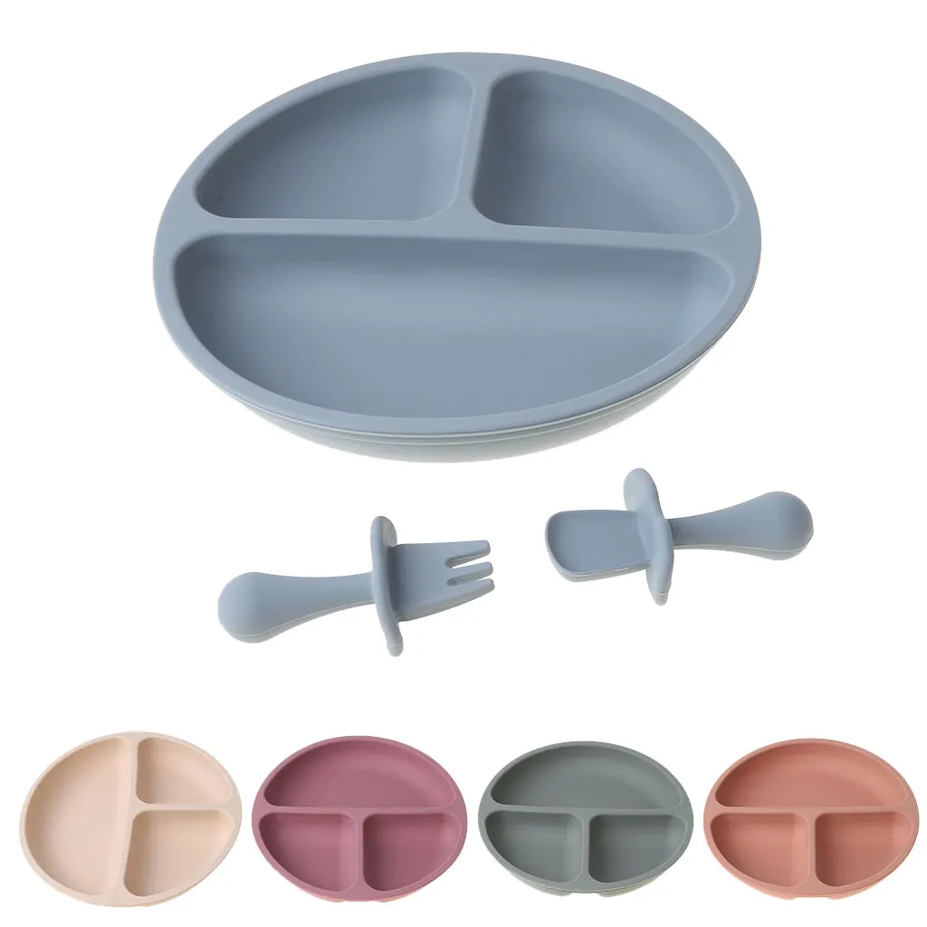 3pcs/set BPA Free Baby Silicone Tableware Solid Color Dinner Plate Training Fork And Spoon For Children | Мать и ребенок