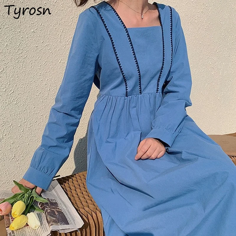 

Женское платье с квадратным вырезом, элегантное винтажное платье до середины икры, с длинным рукавом, в французском стиле, Ulzzang, весна-осень