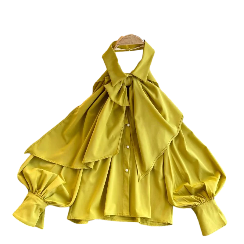 

2021 Spring Autumn New Blouse Women Halter Scheming Halter Shirt Bowknot Lapel Puff Sleeve Female Top C031