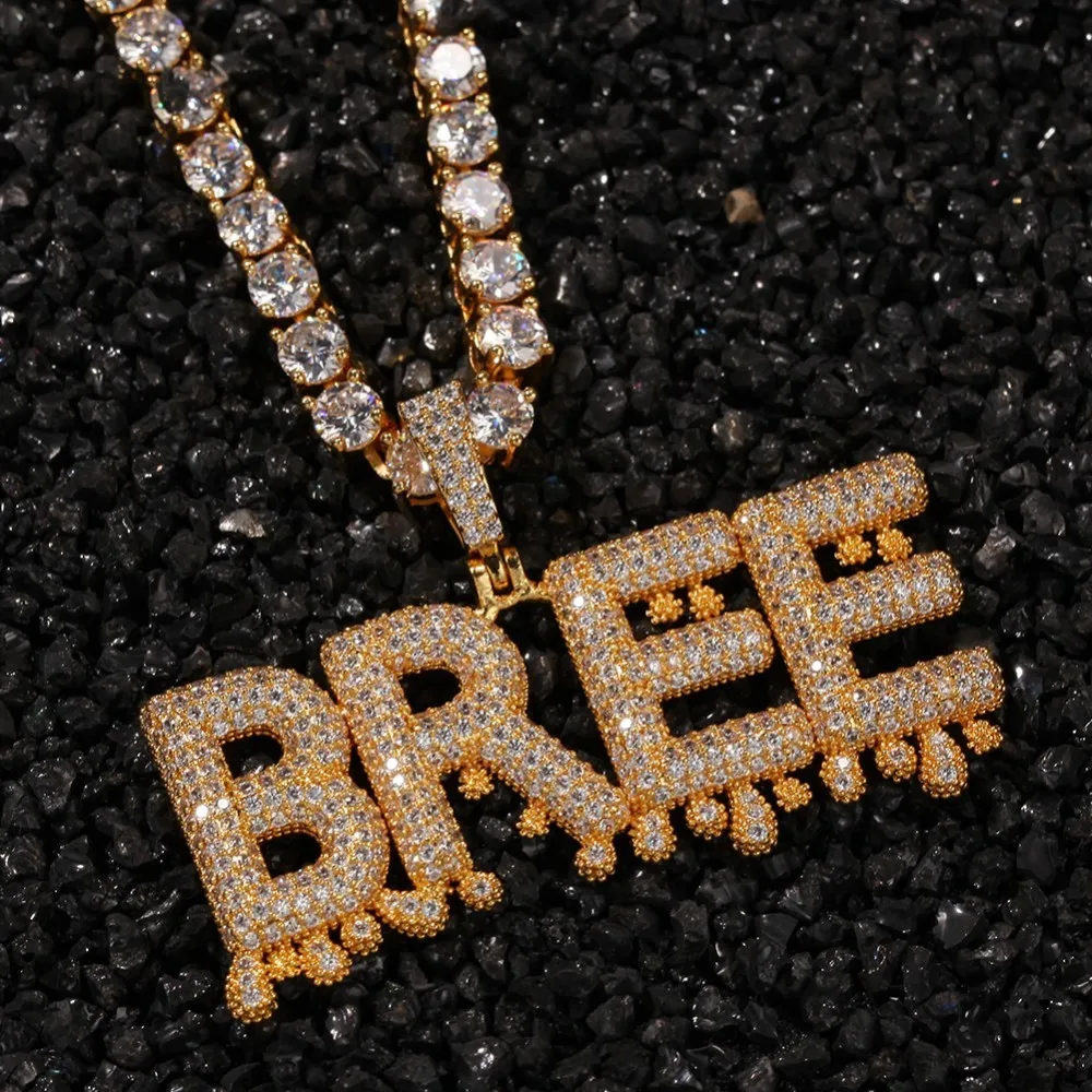 

1 New Custom Words Name Pendants Water Drop Letters with 4mm CZ Tennis Chain Pendant Full Gold Color Iced Fashion Jewelry