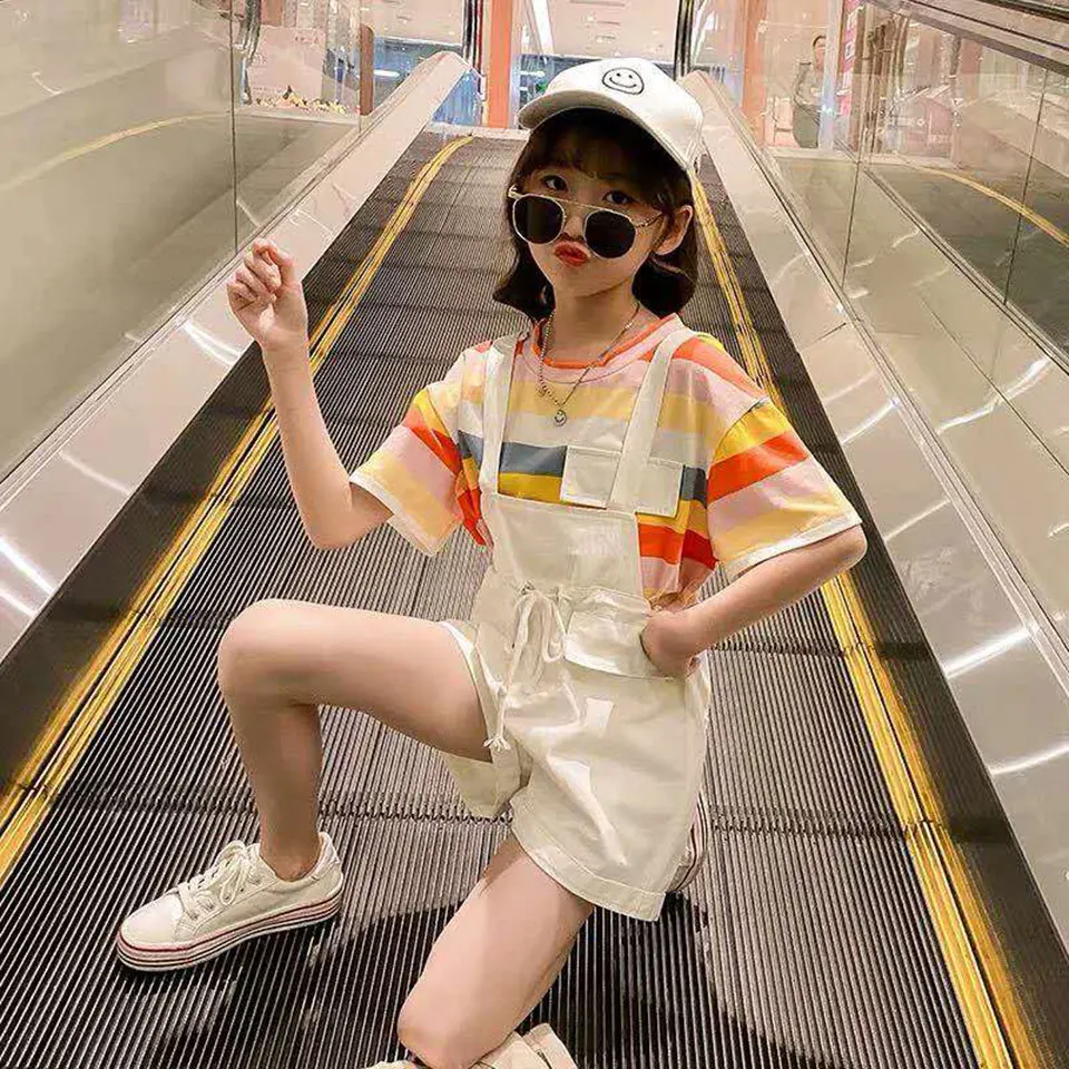 Новый комплект одежды для девочек из 2 предметов летняя футболка в полоску +