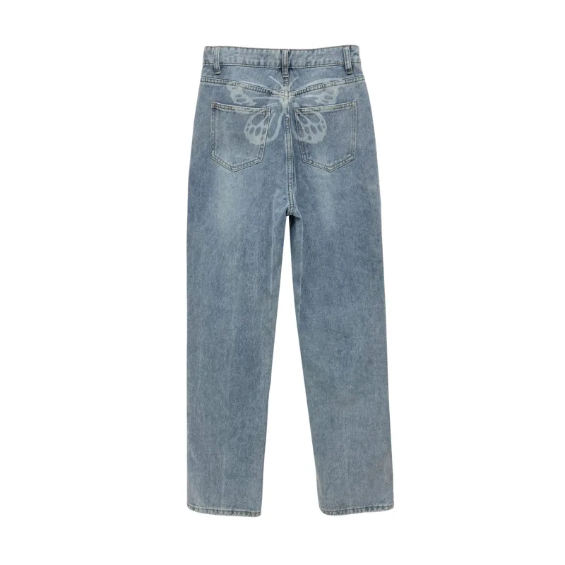 

WOMENGAGA Fashion High Waist Butterfly Pattern Casual Loose Jeans For Women Korean All-match Washed Denim trousers 4T7C
