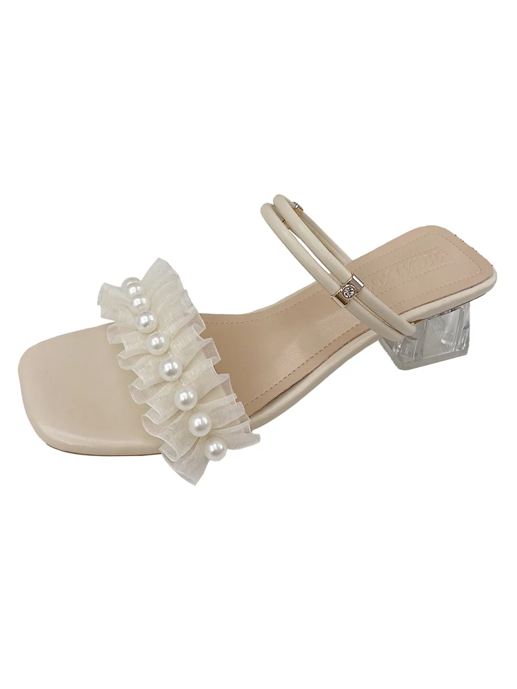 

High-Heeled Shoes Lady Glitter Slides Med Woman's Slippers Square heel String Bead Jelly 2021 Block Girl Scandals Rubber PU Rome