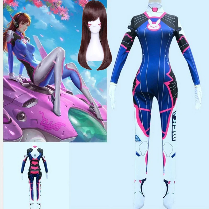 

Dva Cosplay Costume Game Female Adult Lycra 3D Printing Spandex Halloween Party Zentai Wig Suits Gun D.Va cos