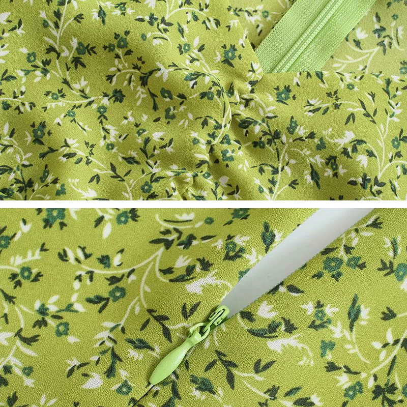 

Summer green print casual a-line woman dress Vintage square collar high waist elegant puff sleeve sexy mini dresses 2021 1D083