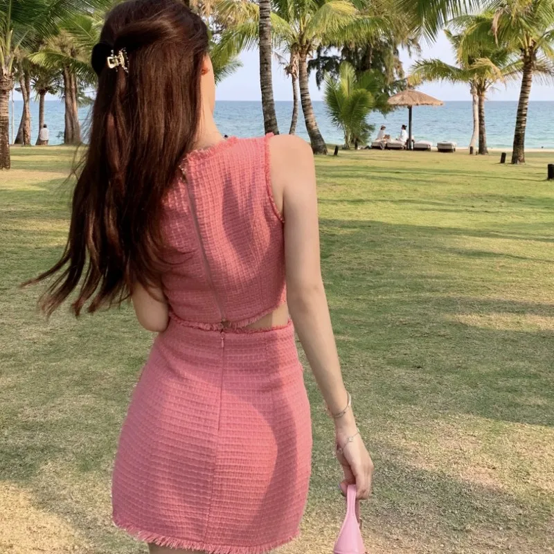 

2021 New Summer Fashion Tweed Two-piece Sleeveless Vest Crop Top Shorts Skirt Set Women Elegant Two-piece Set Women