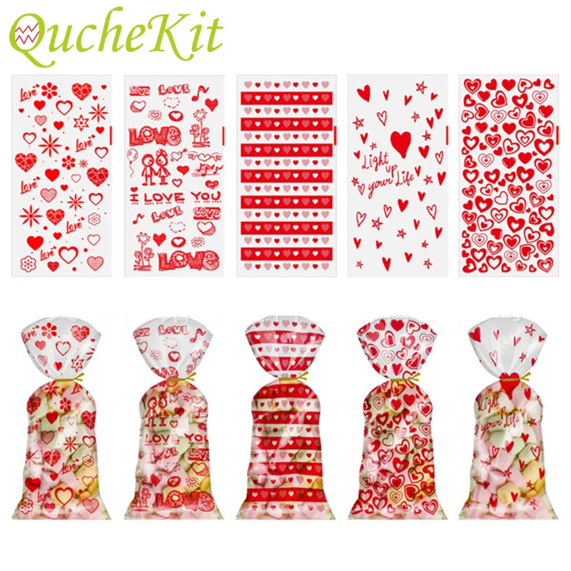 100Pcs Transparent Candy Plastic Bag Open Top Packing Cookies Snacks Baking Bag Wedding Valentines Day Party Gift Decoration