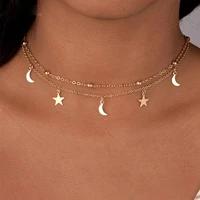 fashion multilayer beads women gold silver color beads moon star horn crescent double chain choker necklaces pendant jewelry