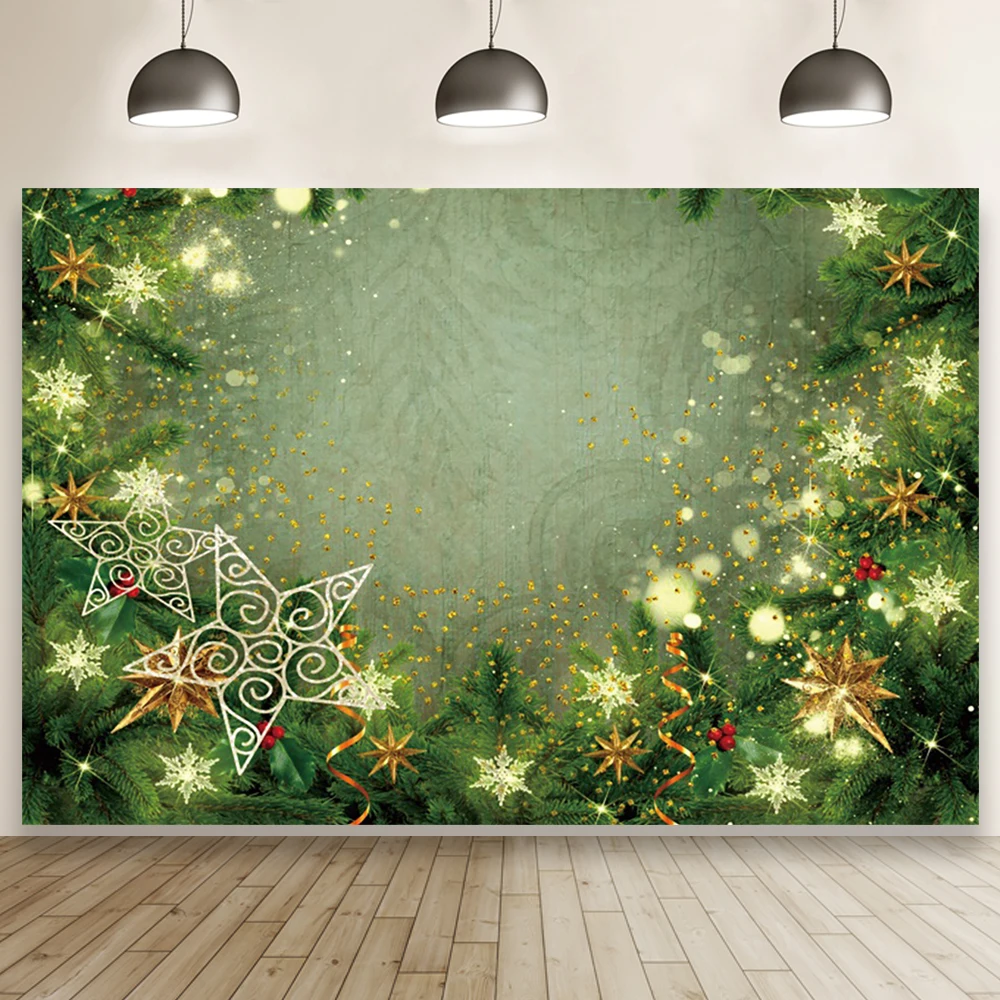 

Laeacco Green Christmas Photo Background Stars Branches Dot Polka Birthday Portrait Room Decor Photographic Photo Backdrop