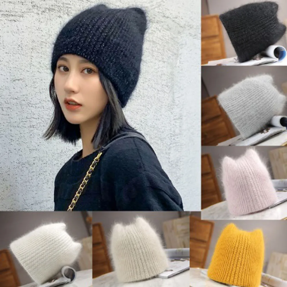 

Women Knitted Winter Hat Female Warm Rabbit Fur Beanie Girls Solid Bonnet Women Skullies Beanies Soft Hats Wool Beanies Wool Cap