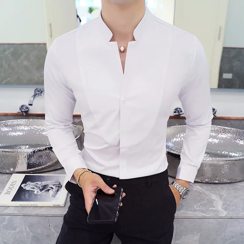 

2022 New Boutique Solid Color Fashion Trendy Stitching Stand Collar Mens Casual Long-sleeved Shirts Men Slim Leisure Shirts Male