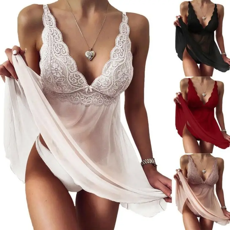 

Deep V Neck Women Lace Nightdress with Shorts Casual Oversize Erotic Lingerie Sleepwear