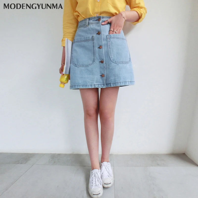 

2021 Denim Skirt High Waist A-line Mini Skirts Women Summer New Arrivals Single Button Pockets Blue Jean Skirt Style Saia Jeans
