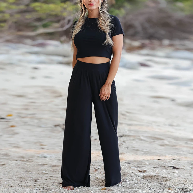 Fashion Casual Wide-Legs Suits Spring Summer New Short-Sleeve Slim Crop T-Shirt Trousers Two-Piece Set Homewear Women's Clothing |