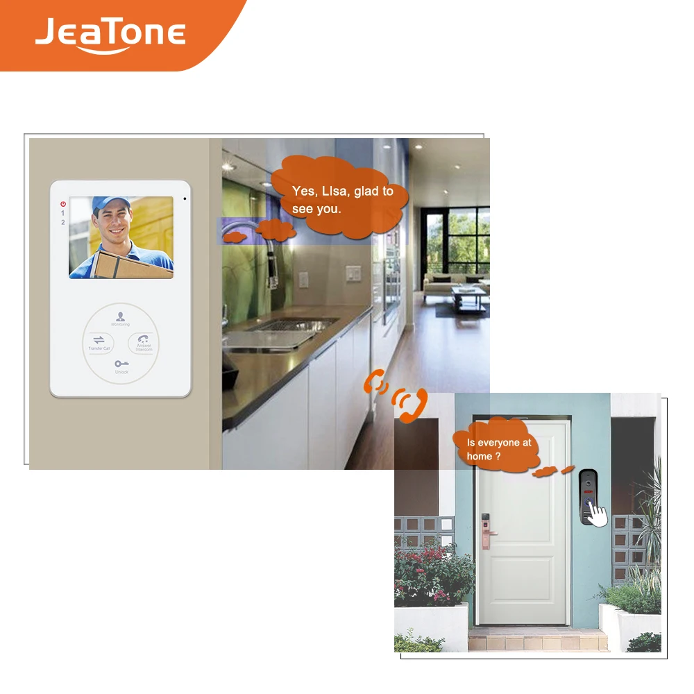 

Jeatone 4" 1200TVL HD Audio Door Phone Wired Video Home Intercom System Security Can Link CCD Camera Release Unlock