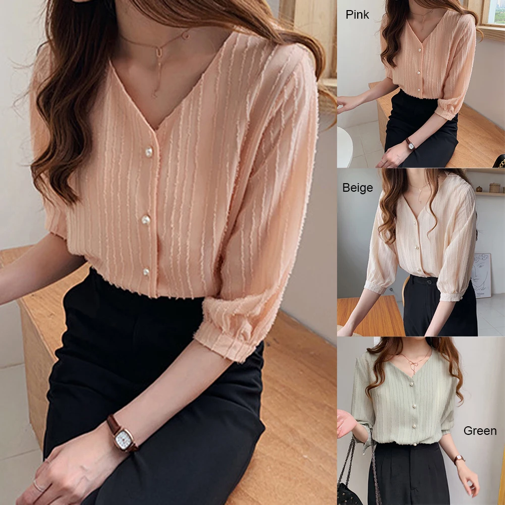 

Lady Casual Long Sleeve Shirts Fashion Fringed Chiffon V Neck Basic Slim Solid Color Shirts Daily Wear Office Wear M-4XL size