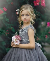 Princess Lace Ball Gown Bling Beaded Flower Girl Dress Girls Pageant Gowns New Bow First Communion Dresses For Wedding Gray