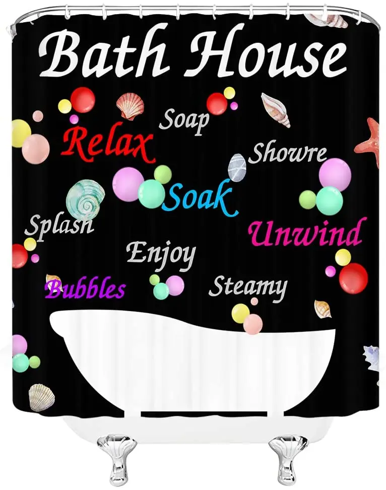 Bathroom Rules Shower Curtains Bath House Bubble Starfish Black Cartoon Kids Bathroom Polyester Fabric Curtains Decor with Hooks