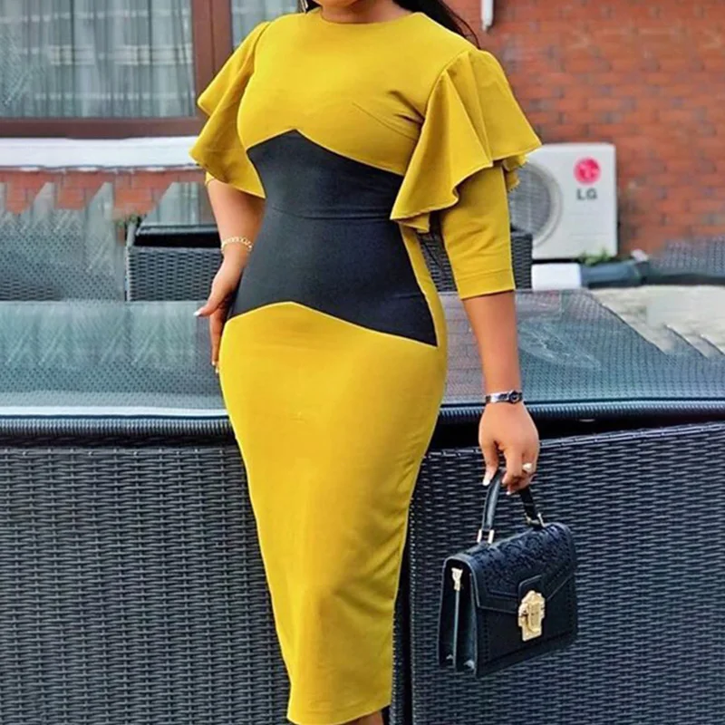 

Summer Women Fashion Contrast Color Patchwork Pencil Dress 2021 Office Elegant Dresses Business Slim Sheath Dress