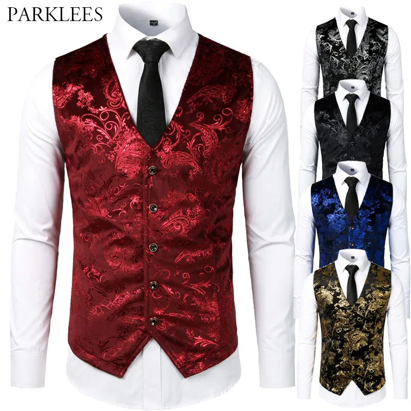 

Men Jacquard Floral Vest Luxury Shiny Bronzing Men Suit Vests Nightclub Party Men Dress Vest Casual Mens Wedding waistcoat Gilet