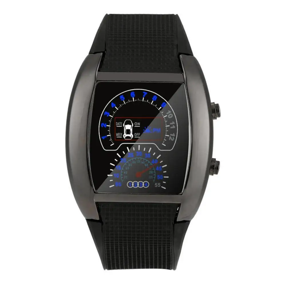 

LED Digital Watch Instrument Panel Design Men's Black Rubber Speedometer Digital Wrist Watches for Male Boys Men Gift