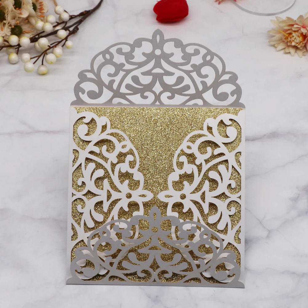 20Pcs/Lot Hollow Out Four Folded Wedding Invitations Card Blessing Greeting Birthday Party Anniversary | Дом и сад