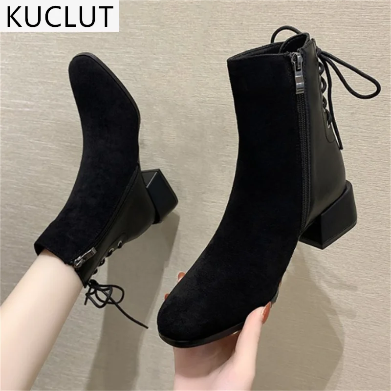 

2021 Winter New Women's Plus Velvet Boots Fashion Suede Retro Side Zipper Platform Women's Short Boots Back Lace-up Ankle Boots