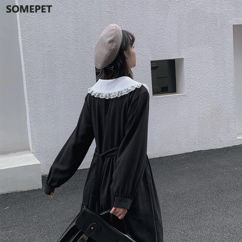 

Dress Women Dark Fashion Preppy Style Long Sleeve Lolita Dresses Japanese Sweet Peter Pan Collar Long Ladies Elegant Dresses